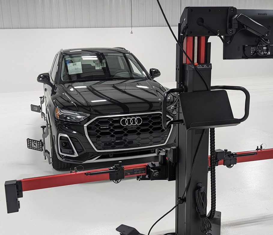 A luxury car getting its ADAS systems calibrated