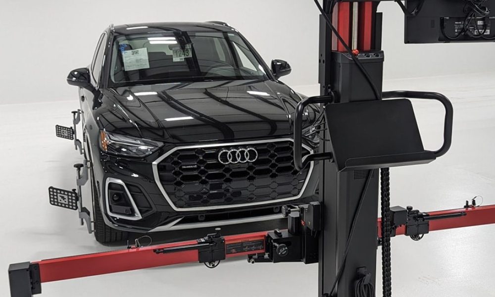 A luxury car getting its ADAS systems calibrated